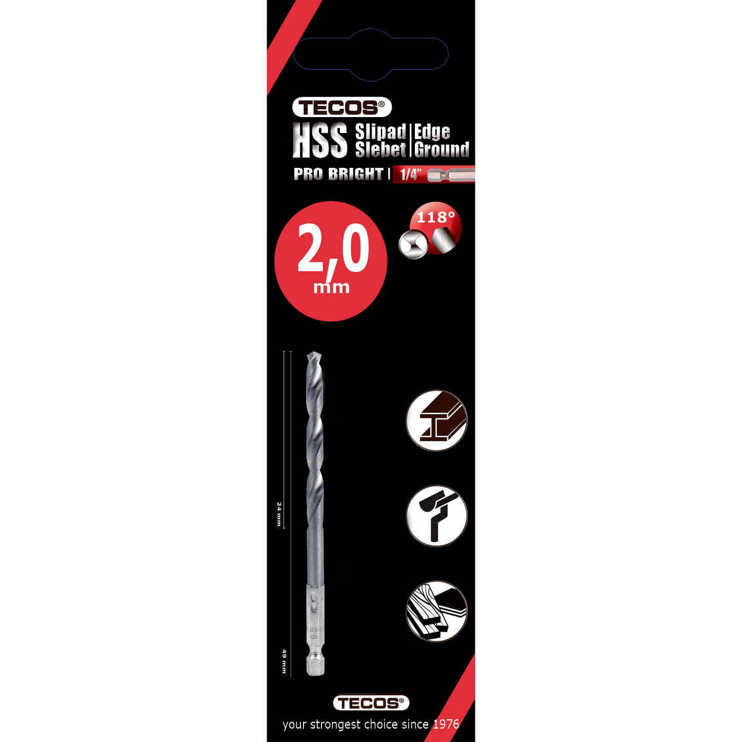 HSS borr Pro Bright 2,0 × 49 mm - förpackning med 2 st.